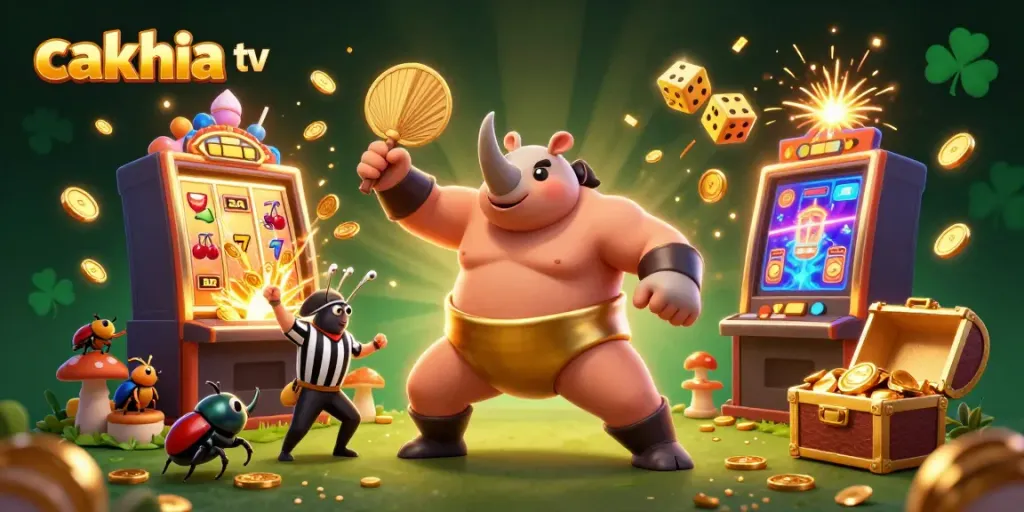 Cakhia TV showcases a dynamic 3D beetle sumo champion stomping gold coins in a lively casino scene.