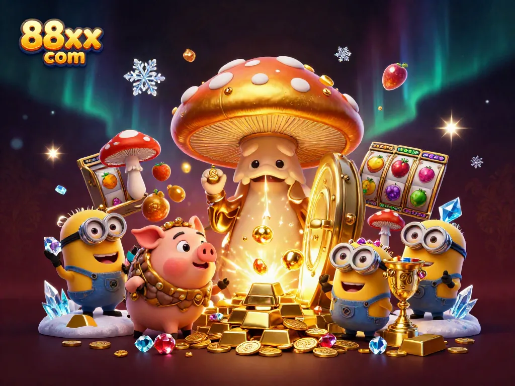 Engage in thrilling slots with the mystical 88xx com golden mushroom wizard amidst treasure.