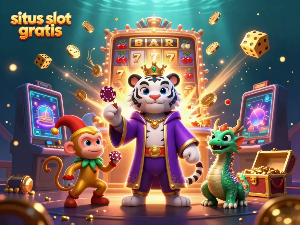 Experience situs slot gratis with a vibrant 3D casino illustration showcasing exciting game elements.