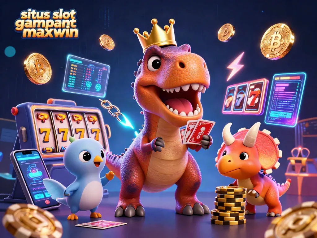 Spin to win at situs slot gampang maxwin with vibrant cartoon dinosaurs in a dynamic casino scene!