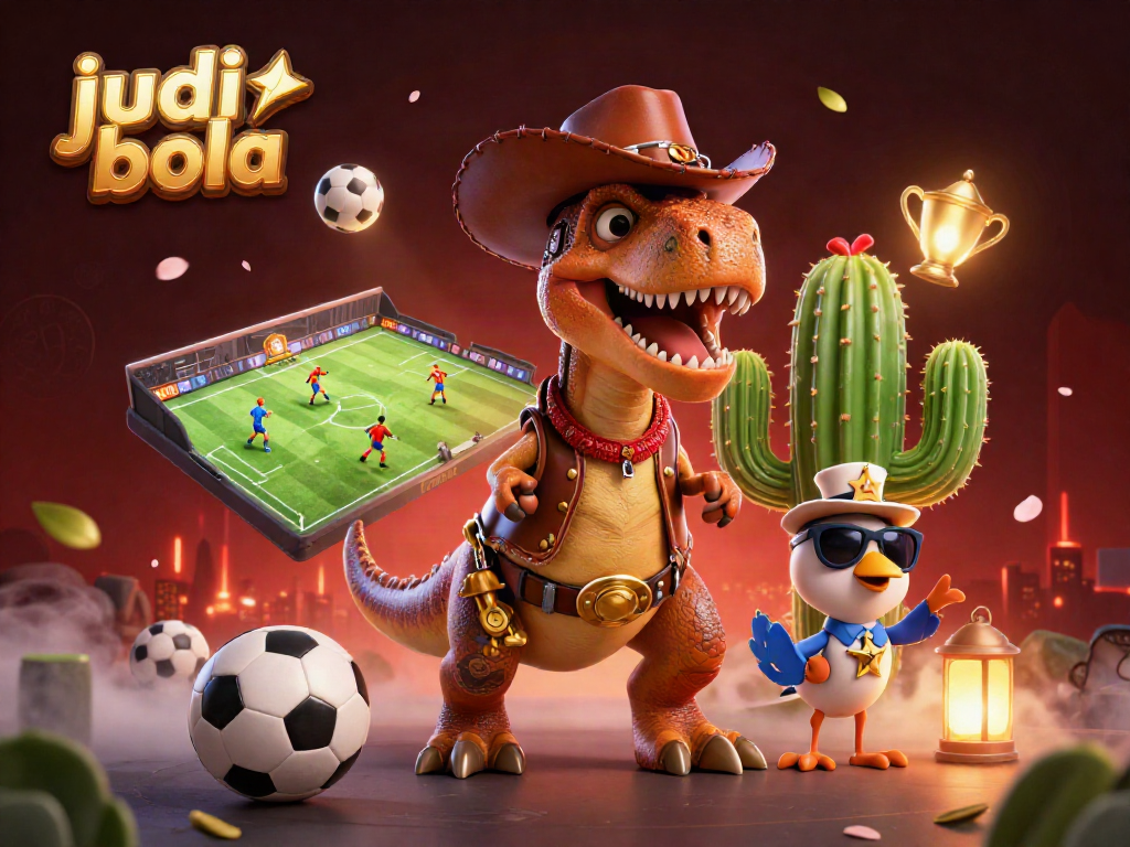 Judi bola dalam aksi, dinosaurus T-Rex, dan teman-teman di lapangan pertandingan penuh warna.