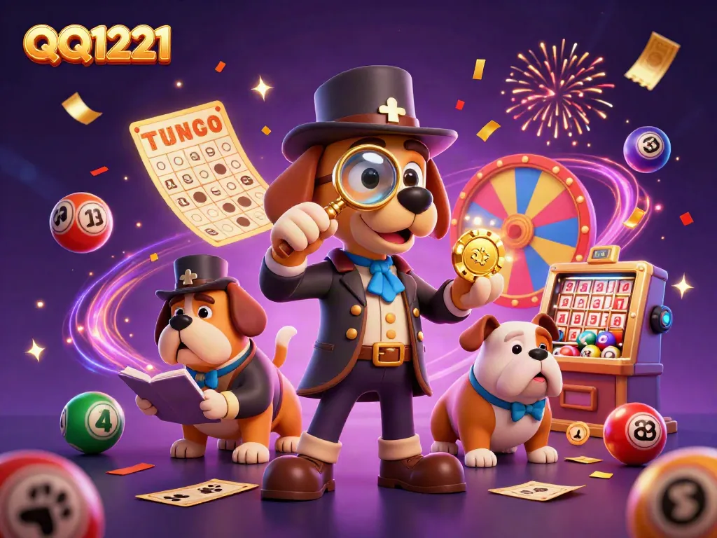 Engage in thrilling action with QQ1221 as the cartoon detective investigates a golden poker chip amidst festive lottery elements.
