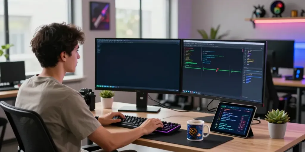 Innovative gaming development scene showcasing situs singatoto with real-time analytics and server design.
