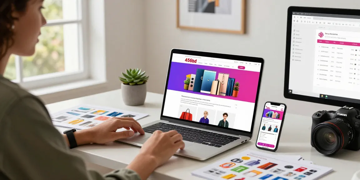 Engaging online shopping setup featuring 456bd products on a stylish desk with vibrant decor.