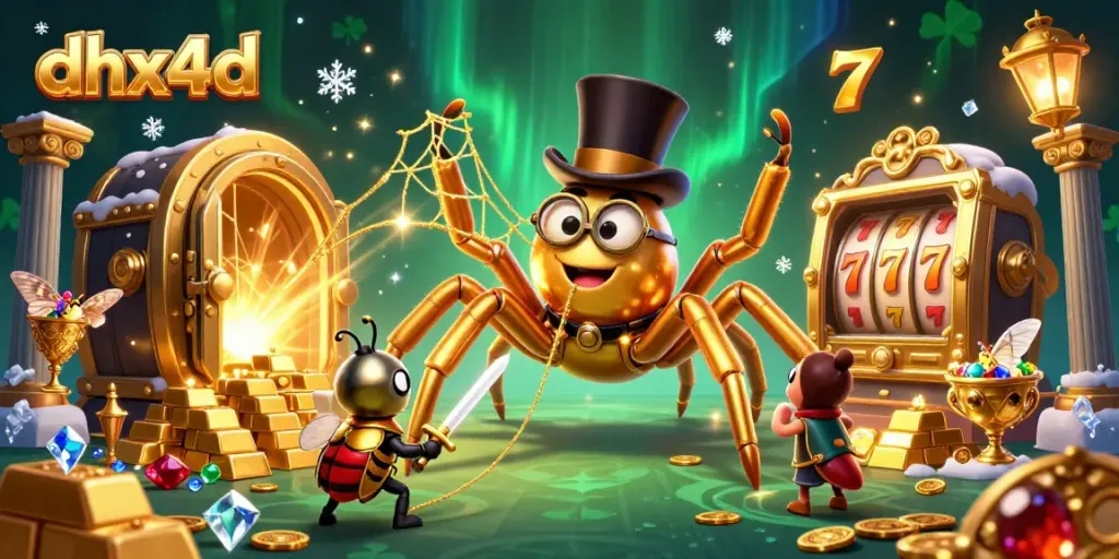 Menyaksikan karakter tarantula emas dan ksatria peletus bermain di slot gacor pada platform dhx4d yang memikat.