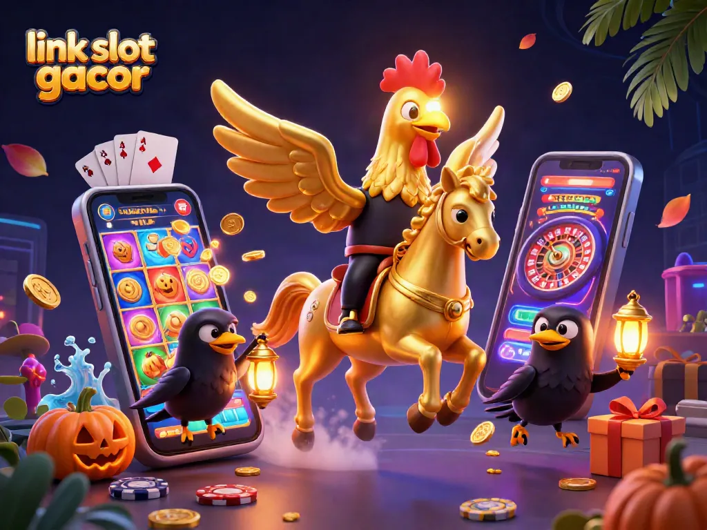Menggambarkan slot gacor link, seekor ayam jantan emas berkendara melalui kasino malam dalam seni ilustrasi 3D yang kaya detail.