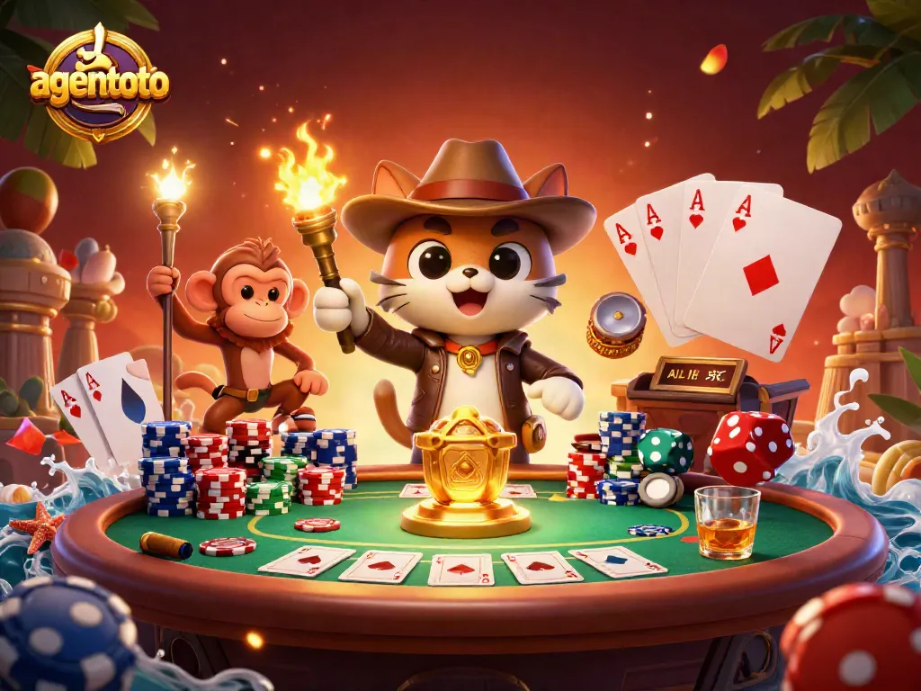 Engage in thrilling gameplay with agentoto's dynamic casino elements and cartoon adventure illustration.
