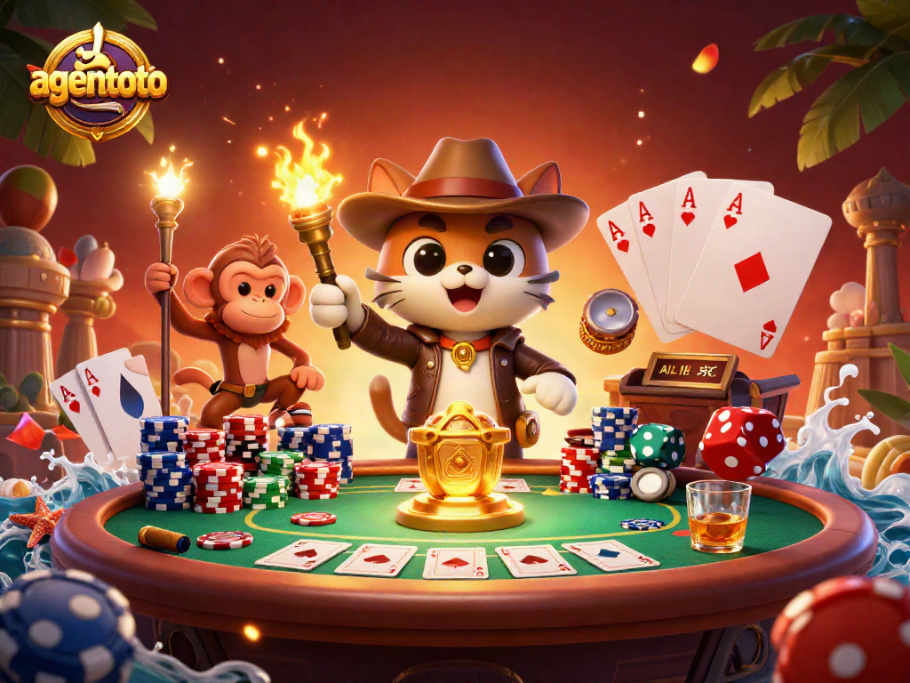 Engage in thrilling gameplay with agentoto's dynamic casino elements and cartoon adventure illustration.