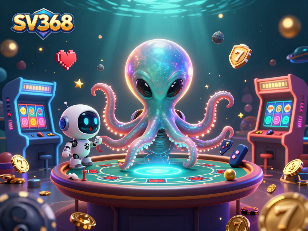 Engage in thrilling gameplay at SV368 with a cosmic octopus and its robot friend at a poker table.