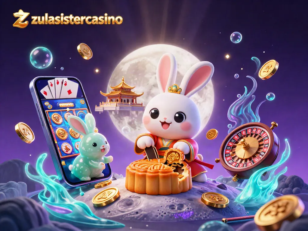 Experience thrilling play at zulasistercasino with cartoon moon rabbit and casino elements for fun gaming.