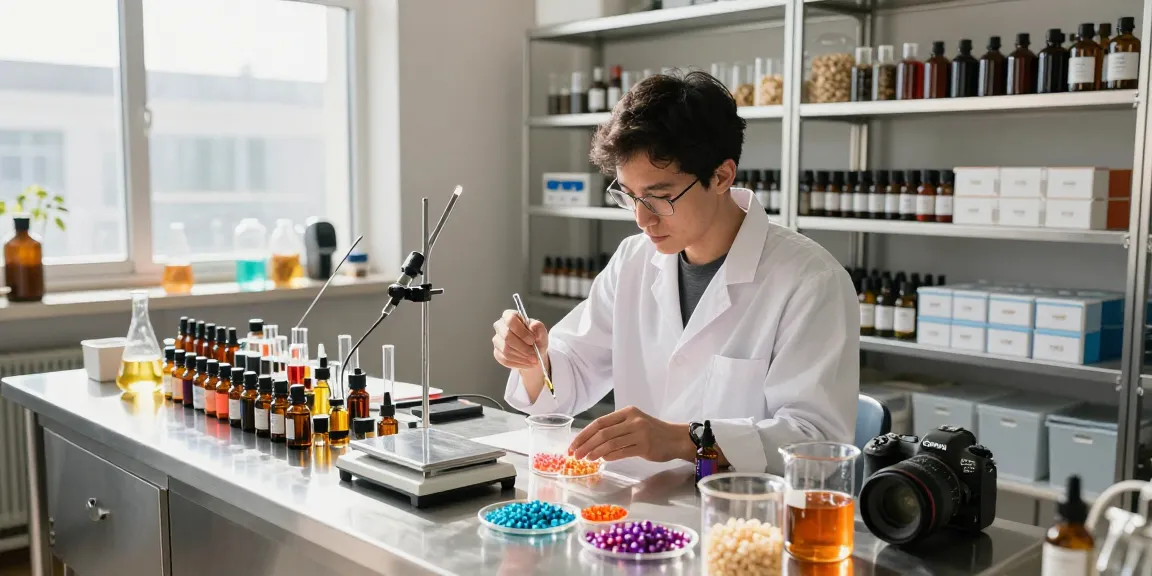 Fragrance Beads Manufacturer showcasing a skilled perfumer blending oils in a modern lab.