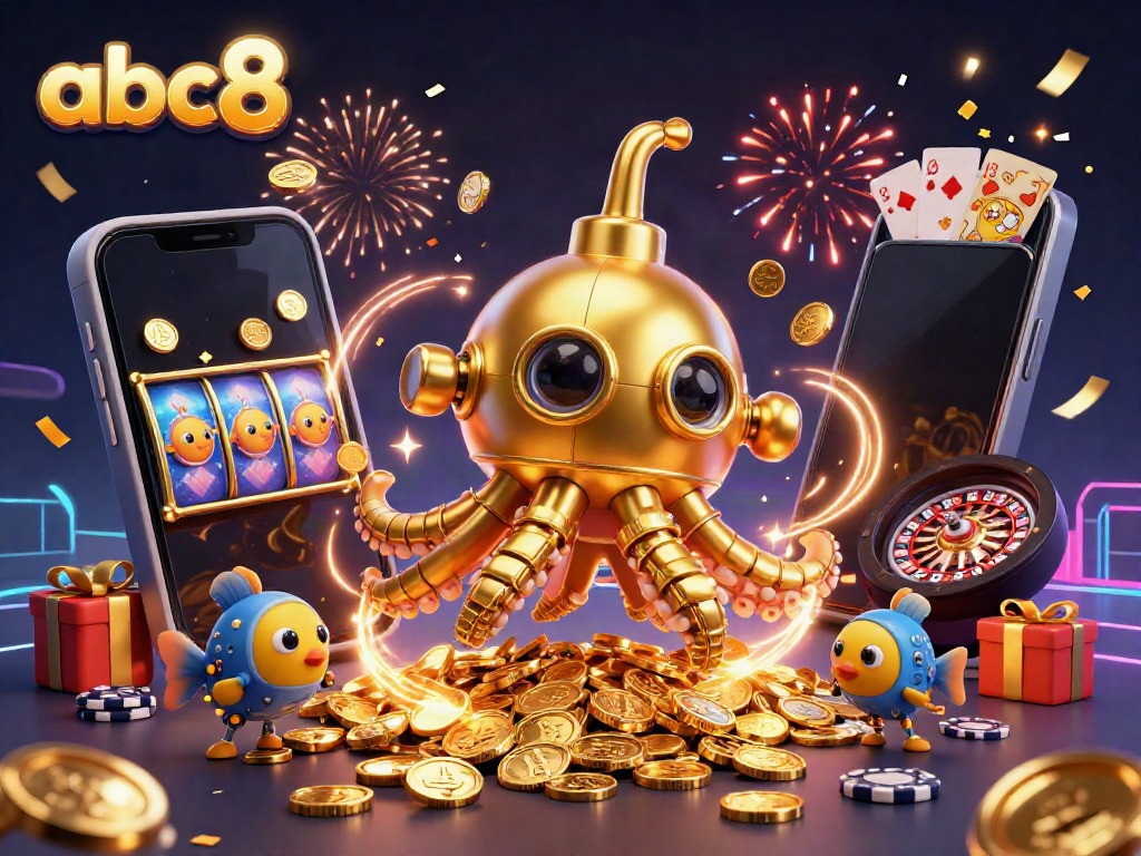 Spin to win with abc8’s exhilarating gaming experience featuring a golden kraken submarine amidst glittering coins.