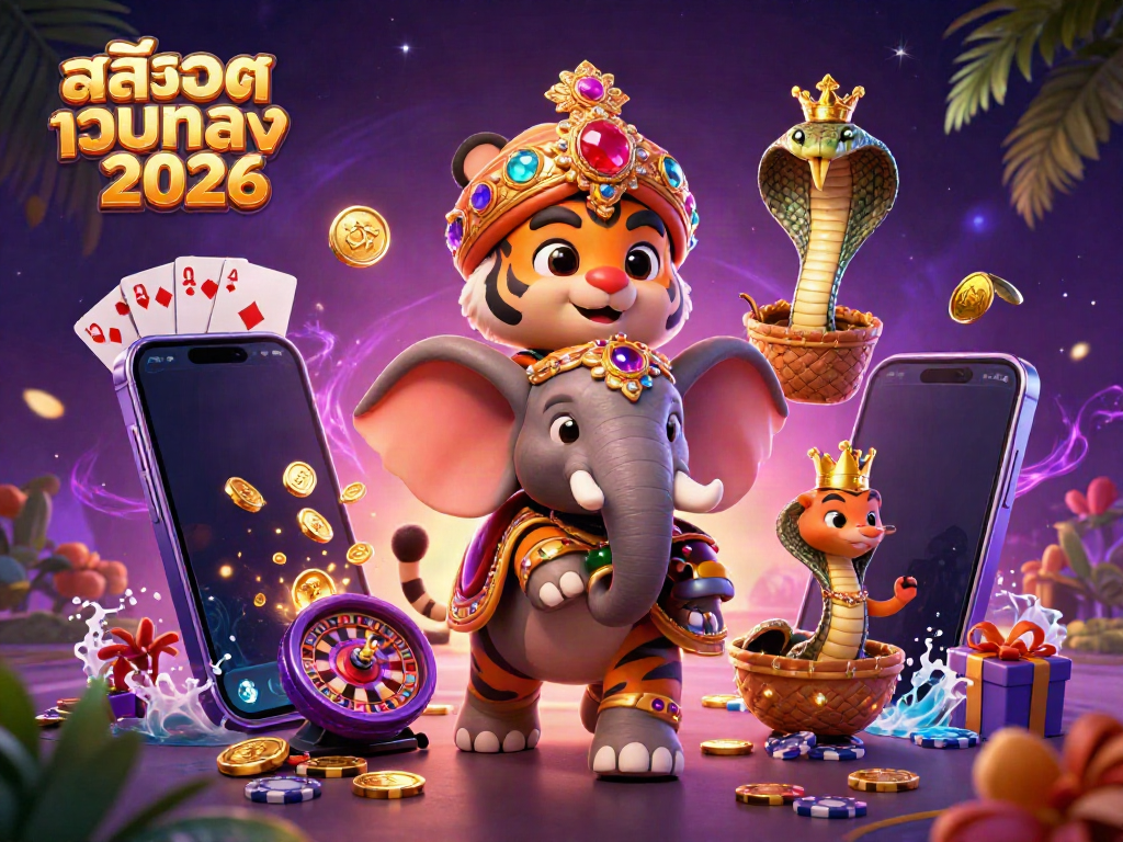Experience the thrill of สล็อตเว็บตรง 2026 with a vibrant 3D scene featuring a majestic maharaja tiger, a jewel-encrusted elephant, and a mysterious cobra.