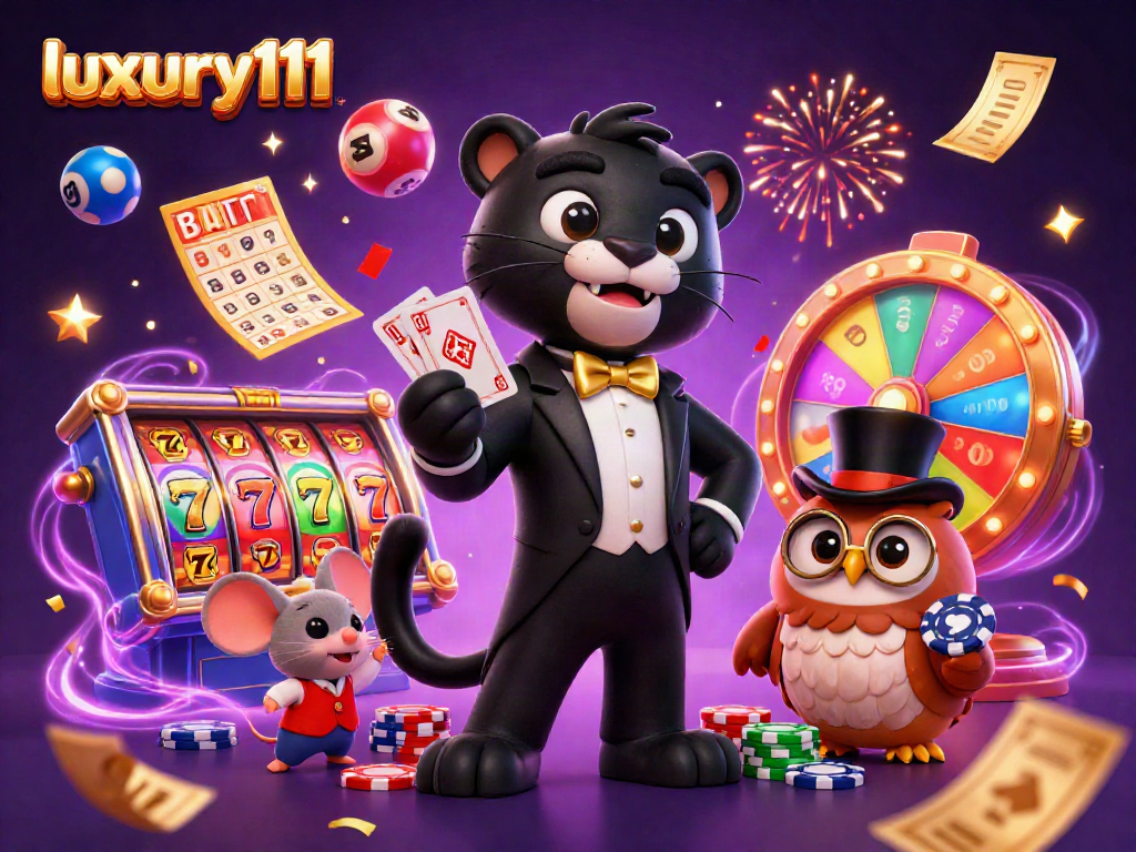 Experience luxury111 with a charismatic panther dealing cards, amidst vibrant casino gaming elements.