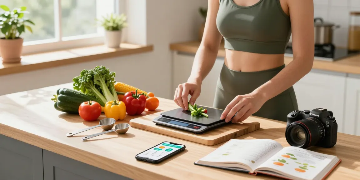 Person using the best calorie tracker app to measure ingredients while preparing a healthy meal in a modern kitchen.