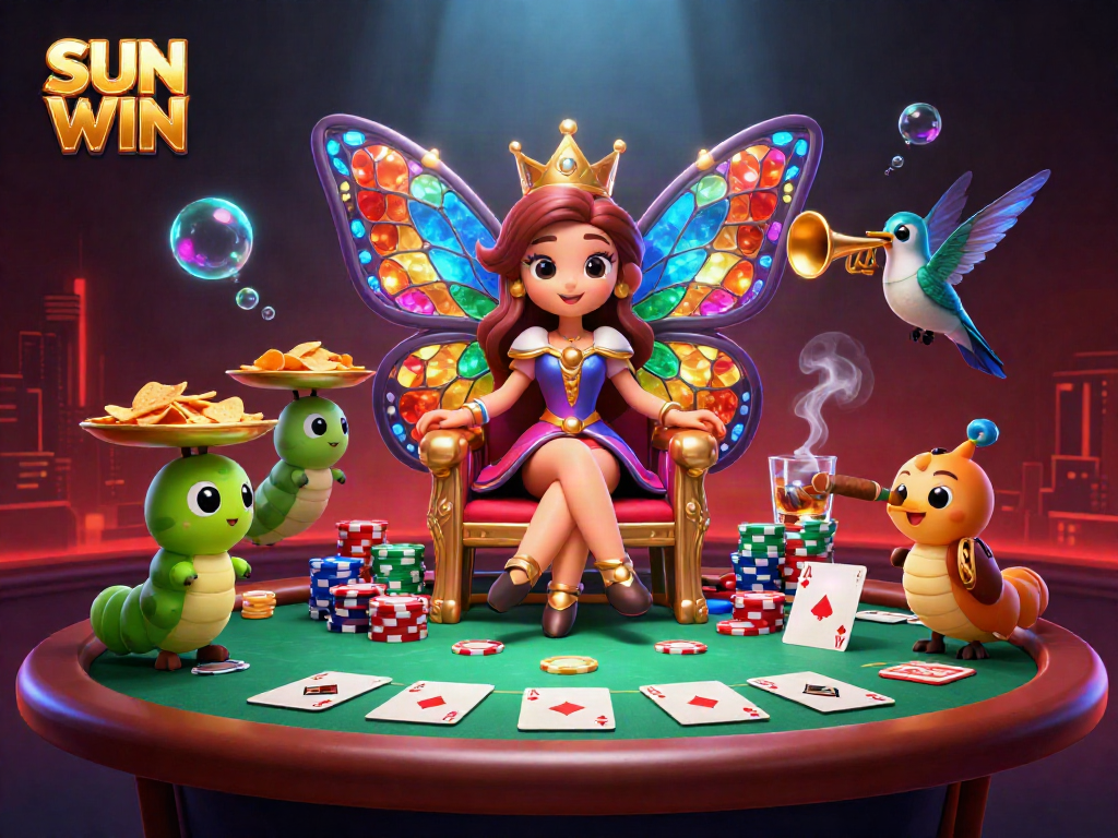 Experience the casino magic with SUN WIN as a butterfly queen oversees a vibrant poker scene filled with colorful chips and cards.