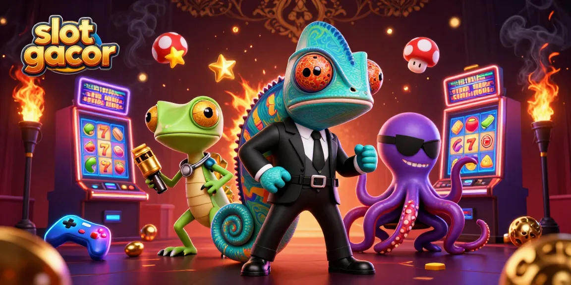 Menangkan jackpot dengan slot gacor yang menampilkan agen rahasia, gecko, dan gurita di latar belakang kasino yang cerah.