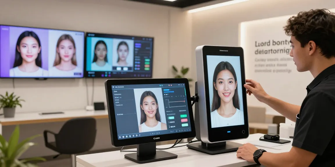 Interactive attractiveness test in modern studio with digital facial analysis metrics.