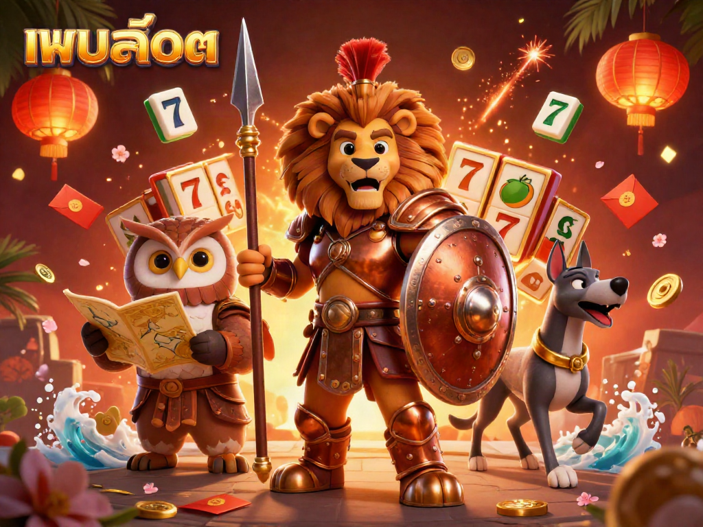 Engage in action with แบบสล็อต featuring a 3D Spartan lion, owl strategist, and greyhound amidst slot machine symbols.