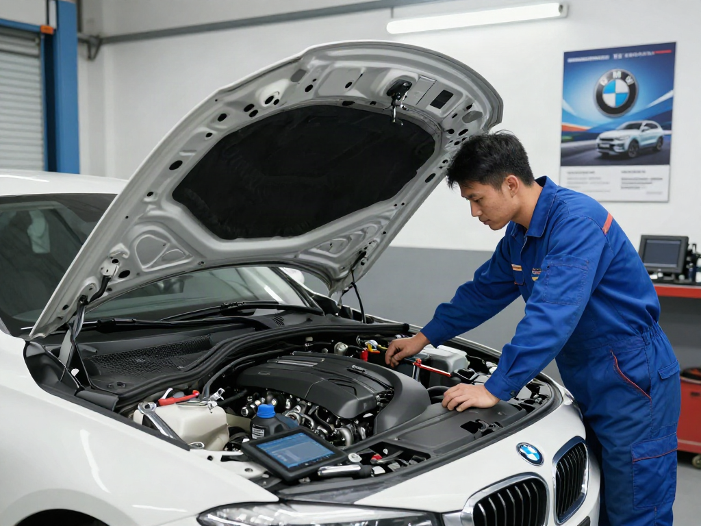 Mechaniker überprüft die Steuerkette eines BMW in Hannover.