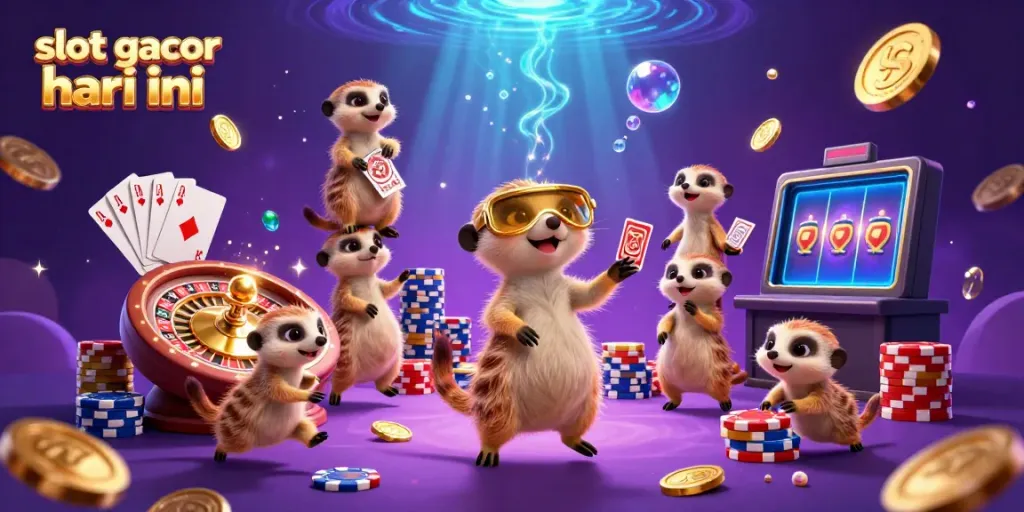 Gambarkan suasana slot gacor hari ini dengan koloni meerkat di kasino, memegang chip dan kartu.
