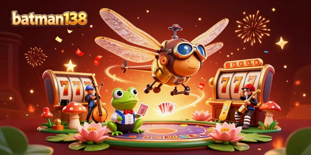 Experience batman138 excitement with a dragonfly pilot and frog dealer in a lively casino scene.