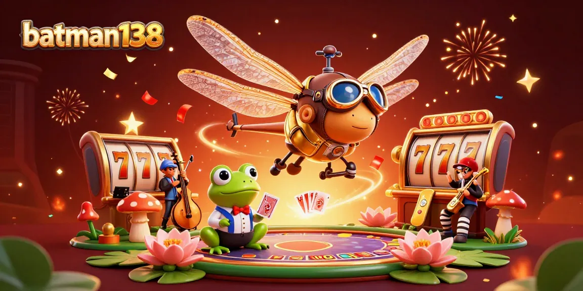 Experience batman138 excitement with a dragonfly pilot and frog dealer in a lively casino scene.