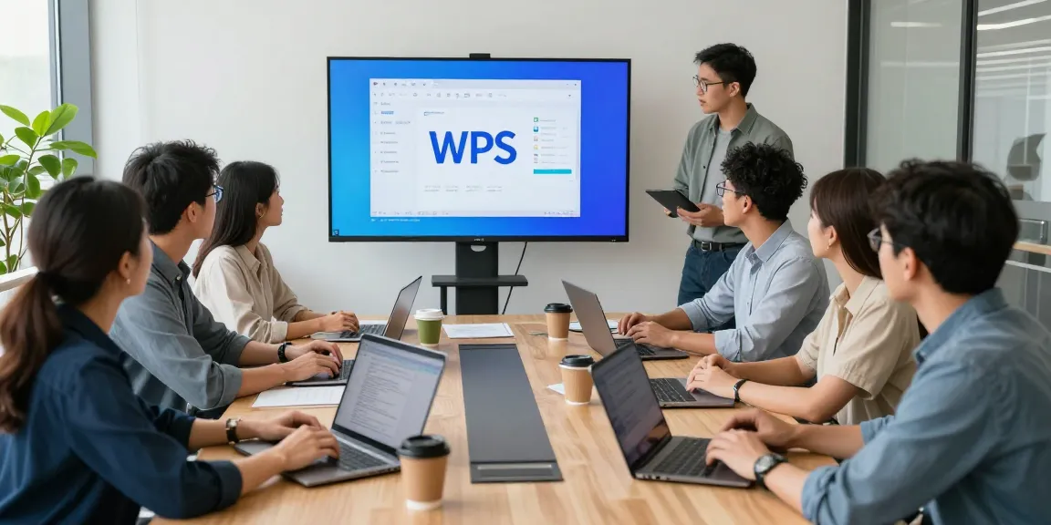 团队在会议室讨论WPS Office的优势,屏幕上显示多款文档处理功能,营造高效办公氛围。
