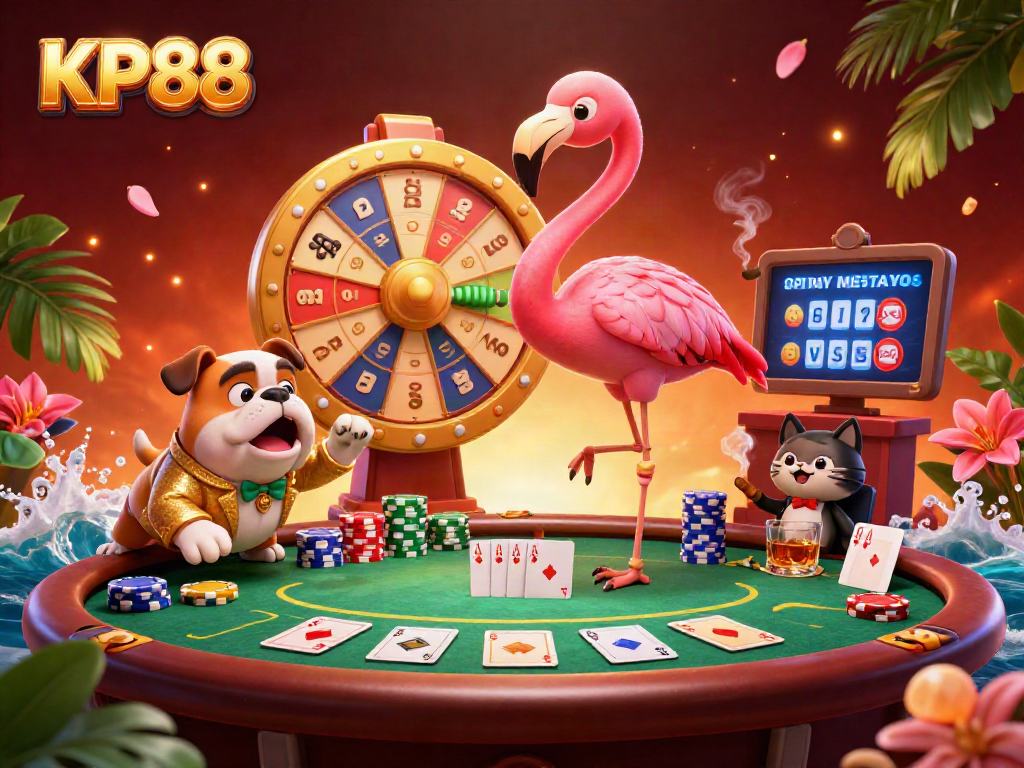 Engage with KP88 by spinning the golden prize wheel alongside colorful poker elements and characters.