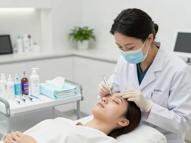 Augenringe entfernen in einer modernen Hautklinik mit Dermatologen und Klient.