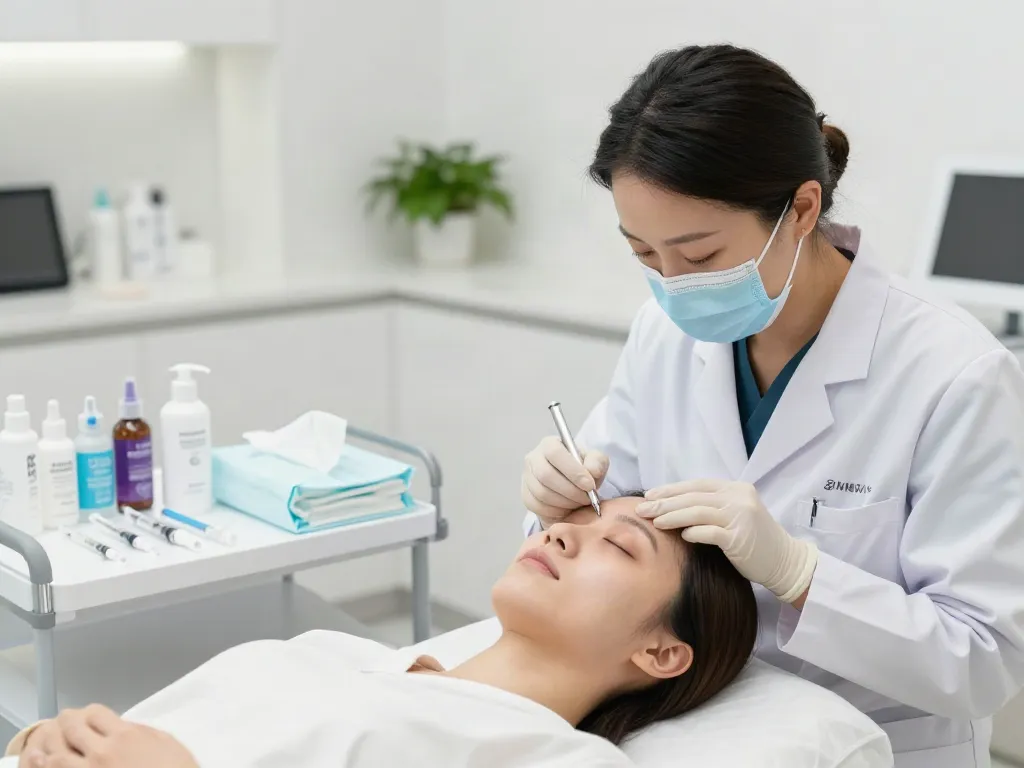 Augenringe entfernen in einer modernen Hautklinik mit Dermatologen und Klient.