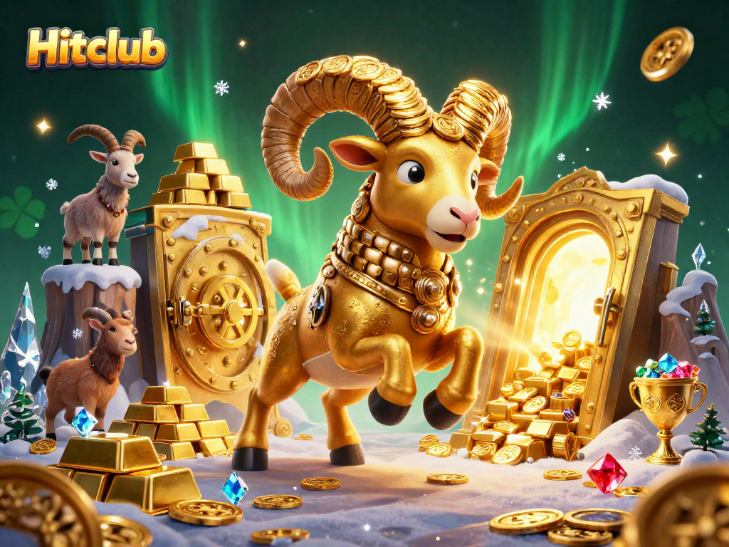Hitclub showcases thrilling gaming action with a golden ram, coins, and sparkling gems in an exciting illustration.