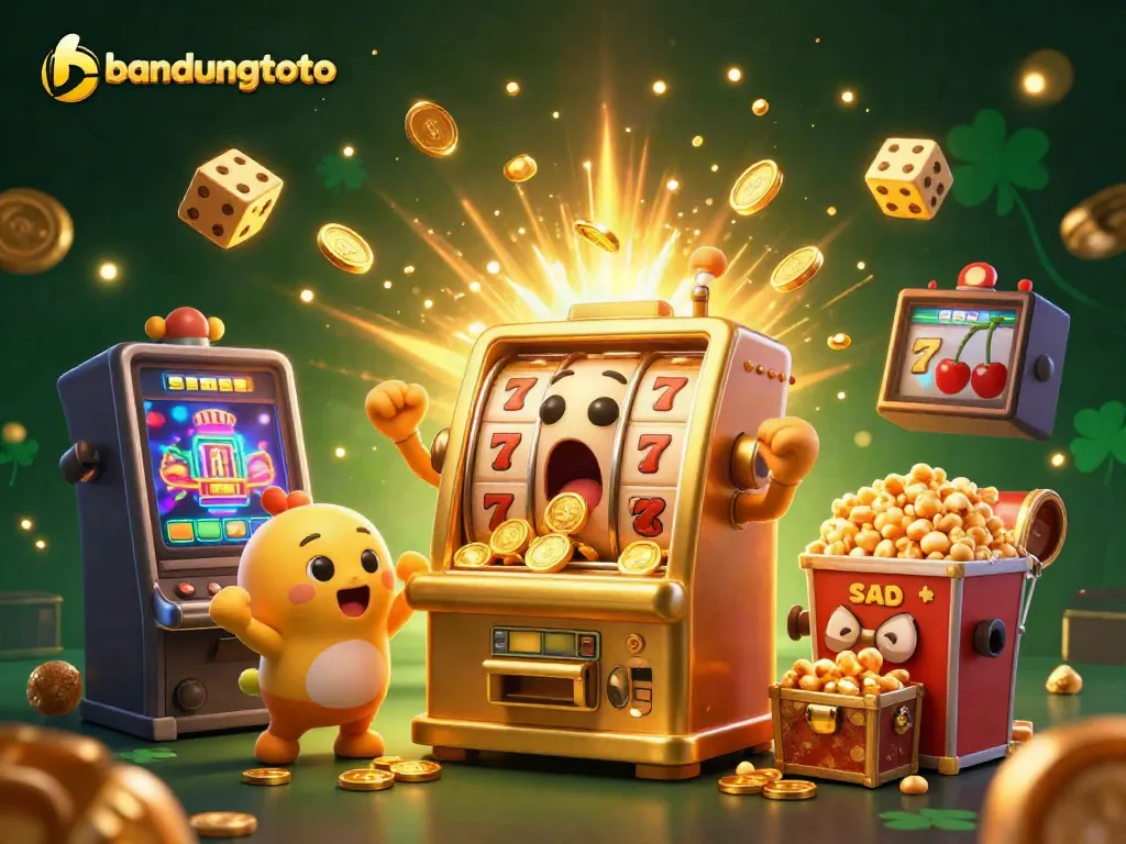 Experience the excitement of bandungtoto with a playful golden slot machine celebrating its jackpot with gleaming coins and cheering companions.