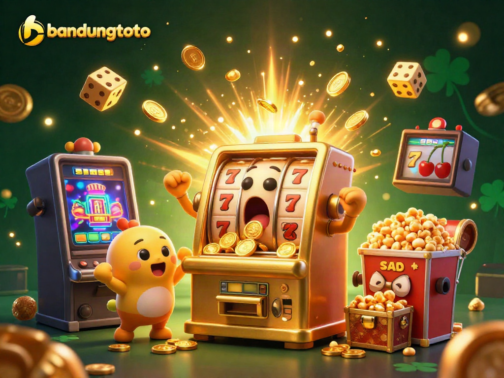 Experience the excitement of bandungtoto with a playful golden slot machine celebrating its jackpot with gleaming coins and cheering companions.