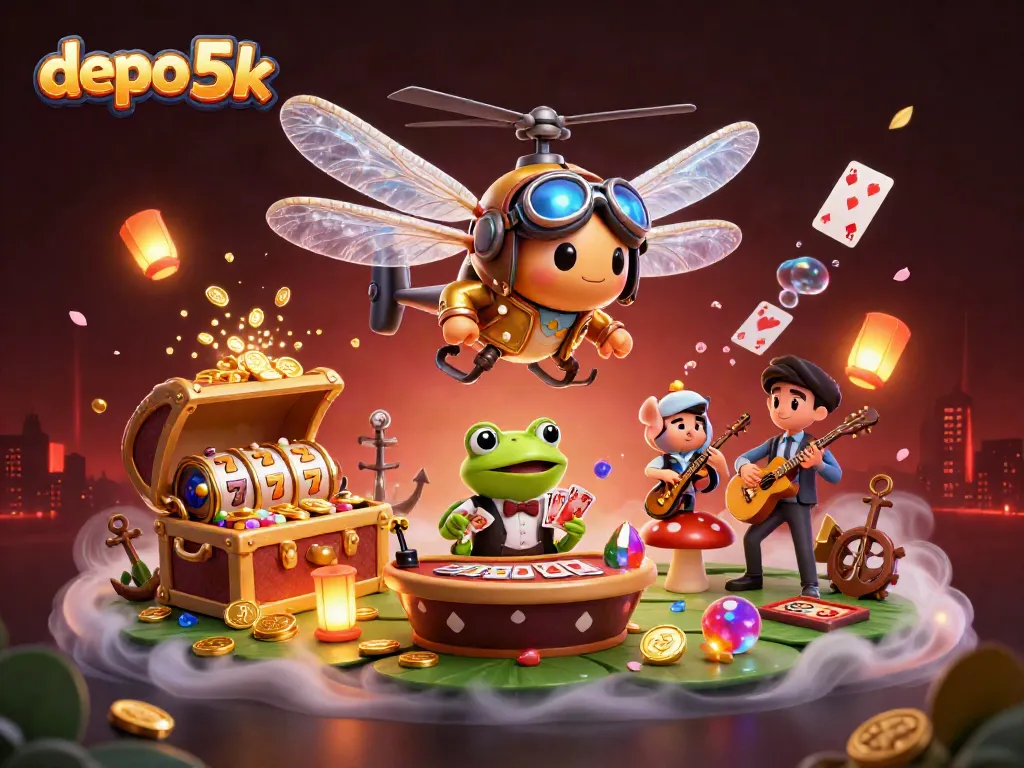 Engage in thrilling gameplay with depo 5k, featuring vibrant graphics of a dragonfly pilot and frog croupier.