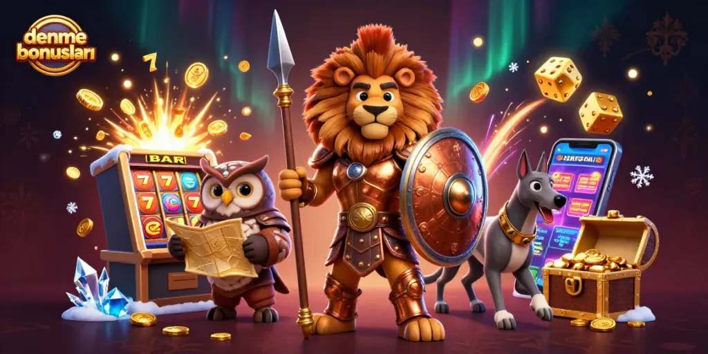 Experience deneme bonusları with a vibrant casino scene featuring a heroic lion and dynamic elements.