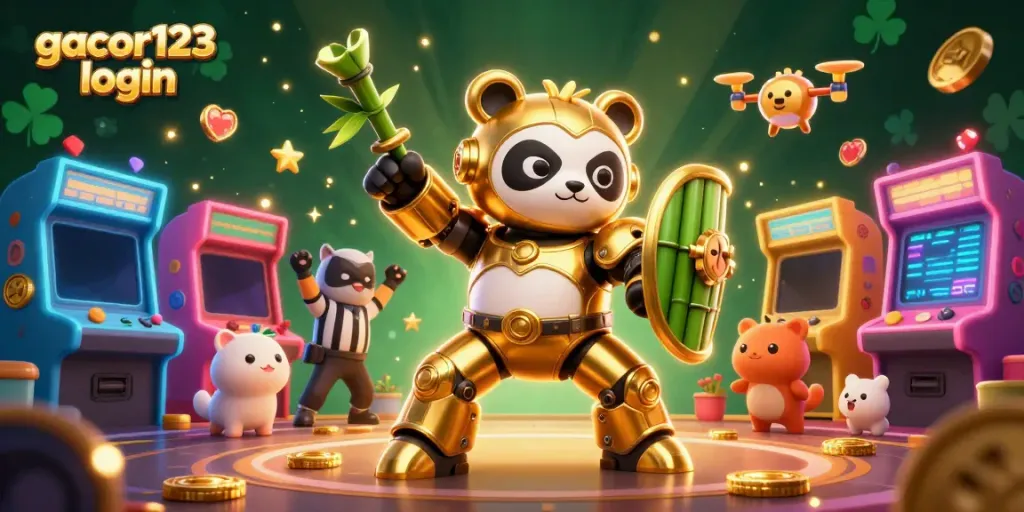 Experience the excitement of gacor123 login with an action-packed online casino scene featuring a mech-suit panda.
