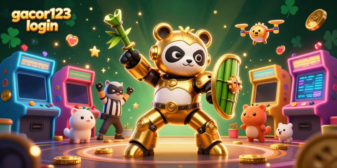 Experience the excitement of gacor123 login with an action-packed online casino scene featuring a mech-suit panda.