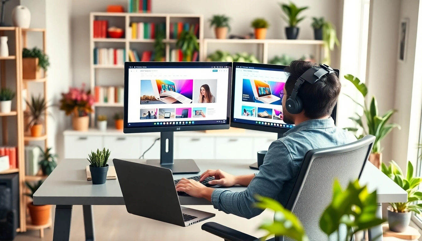Hire Shopify developer in a vibrant workspace, focusing on e-commerce designs and coding.