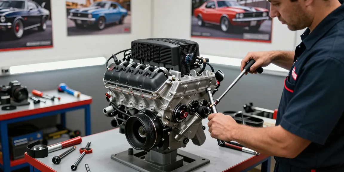 High-performance Hellcat motor for sale being inspected by a mechanic in a professional garage setting.