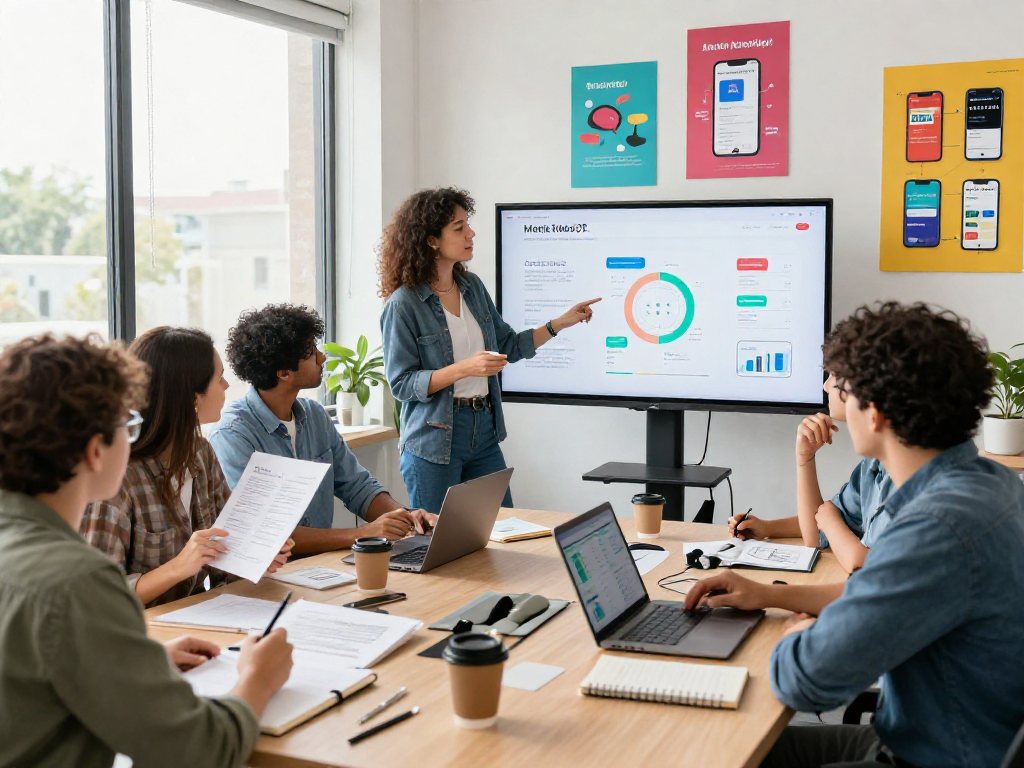 Purchase app installs strategy meeting with dynamic marketing team in collaborative workspace.