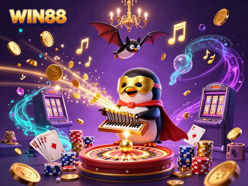 Experience thrilling action with WIN88, as golden coins flow amidst vibrant casino elements.