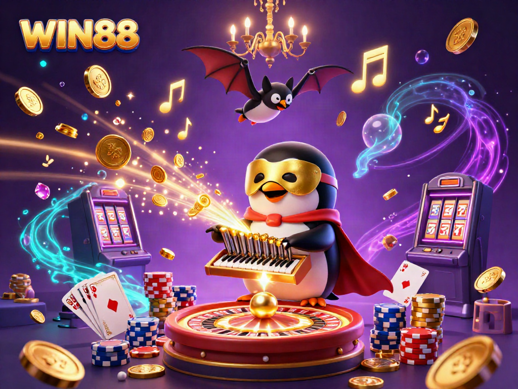 Experience thrilling action with WIN88, as golden coins flow amidst vibrant casino elements.