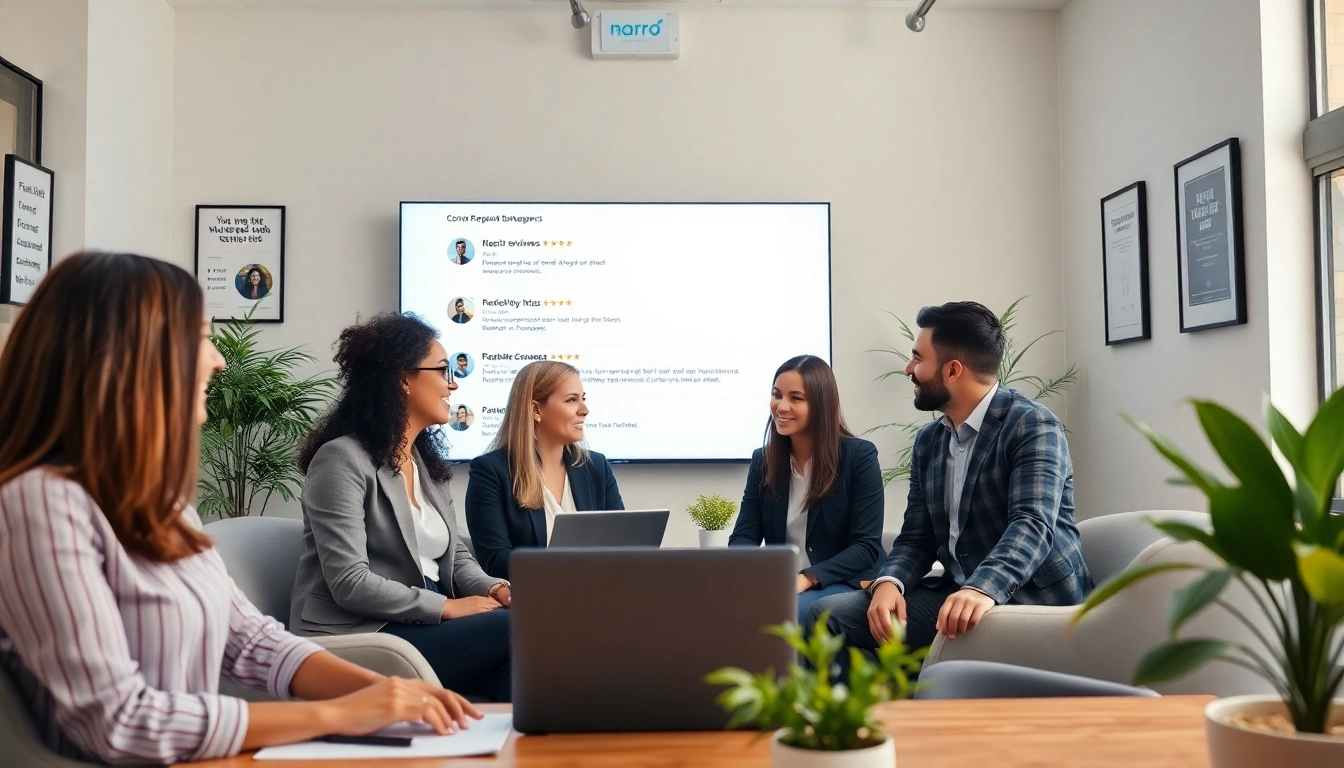 Gestion de reputacion online agencia en una colaboración de equipo profesional en oficina moderna.