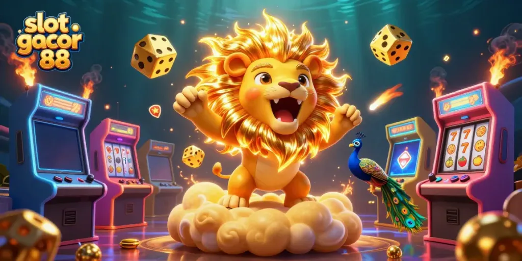 Experience the thrill of slot gacor 88 with vibrant imagery featuring a roaring lion and dynamic game elements.