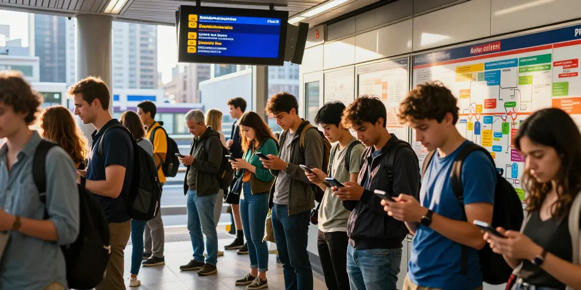 Urban commuters staying informed on public strikes at a busy metro station.