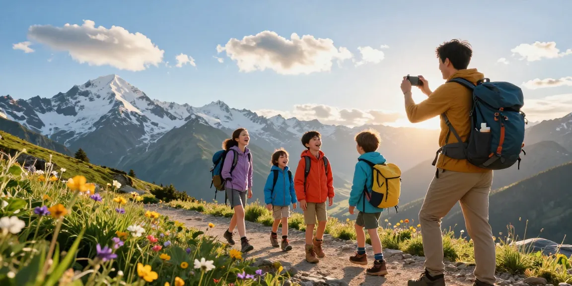 A family hiking adventure in the mountains, celebrating outdoor fun with mantra88.