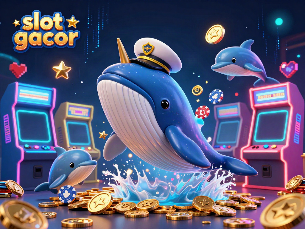 WSLOT888 dengan karakter slot gacor dalam ilustrasi 3D menarik dengan harta karun koin dan mesin permainan.