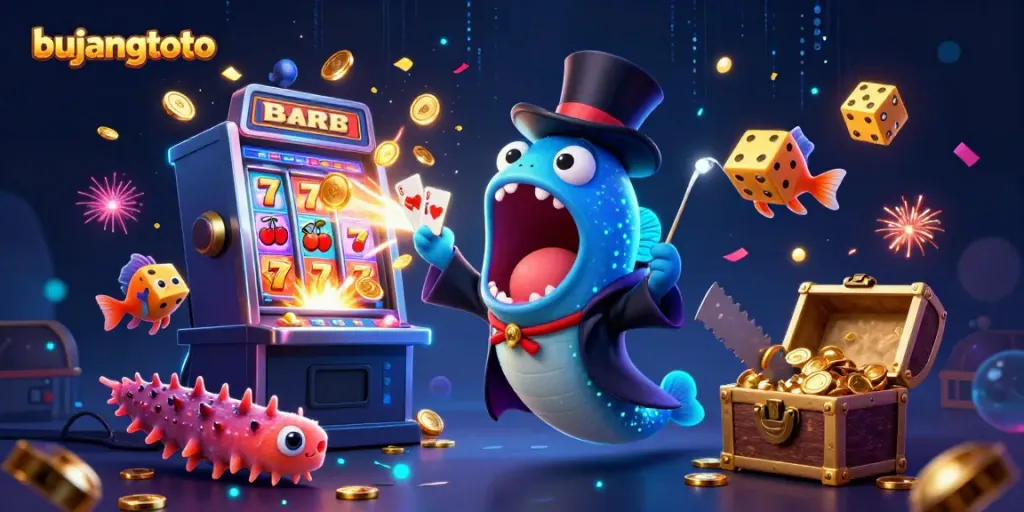 Experience thrilling wins with bujangtoto as the deep-sea characters perform magic amidst vibrant casino elements.