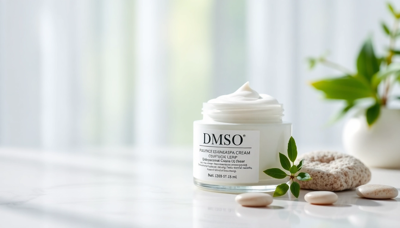Promote dmso cream with a calming spa background emphasizing its soothing properties.